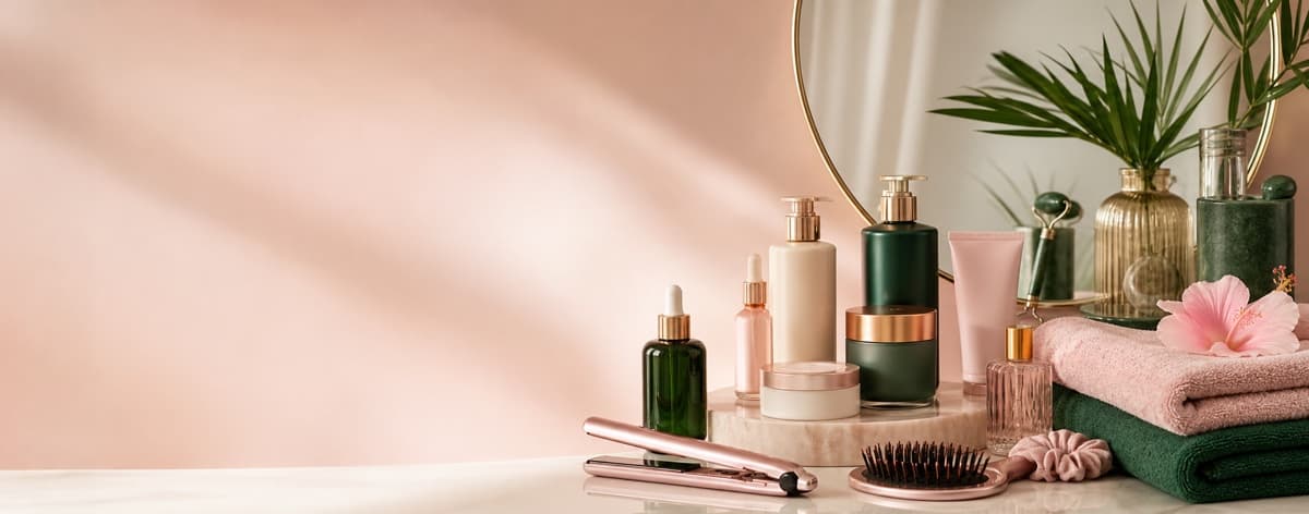 Beauty and personal care essentials in a clean calm setting