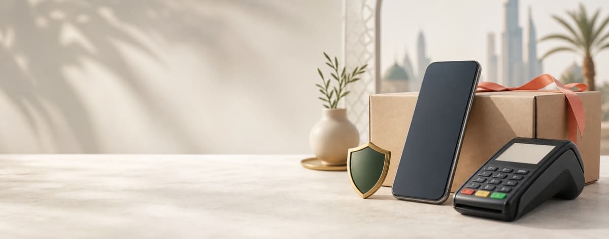 Secure mobile checkout beside a carefully packed order