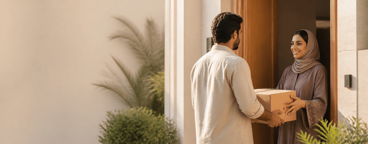 A parcel arriving at a home doorway.