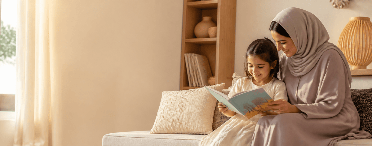 A parent and child reading together at home.