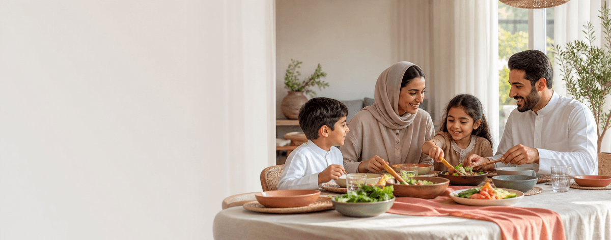 A family sharing a bright weekend table.
